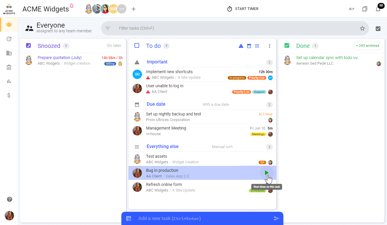 A screenshot of todo.vu time tracking software's Task Dashboard interface.